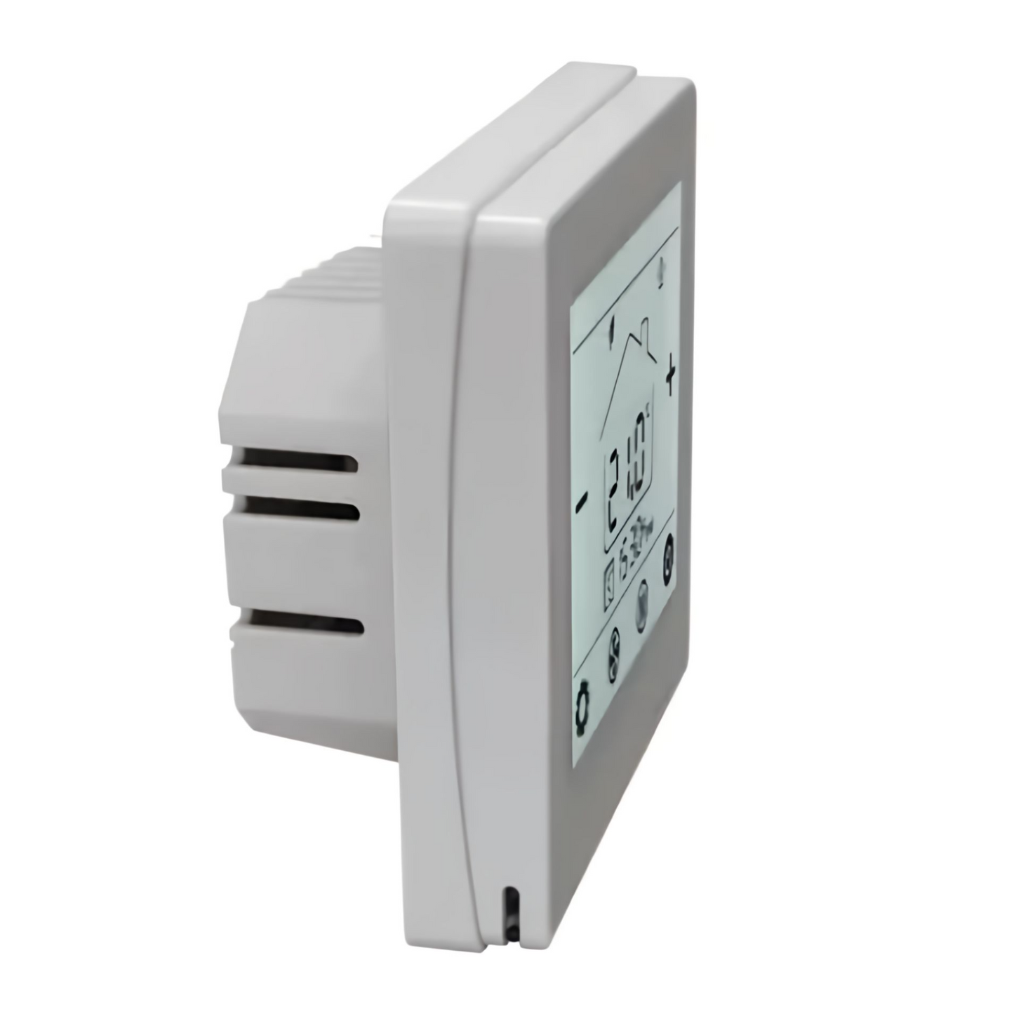 Zijaanzicht van witte Herschel iQ MD2 bedrade inbouwthermostaat met touchscreen