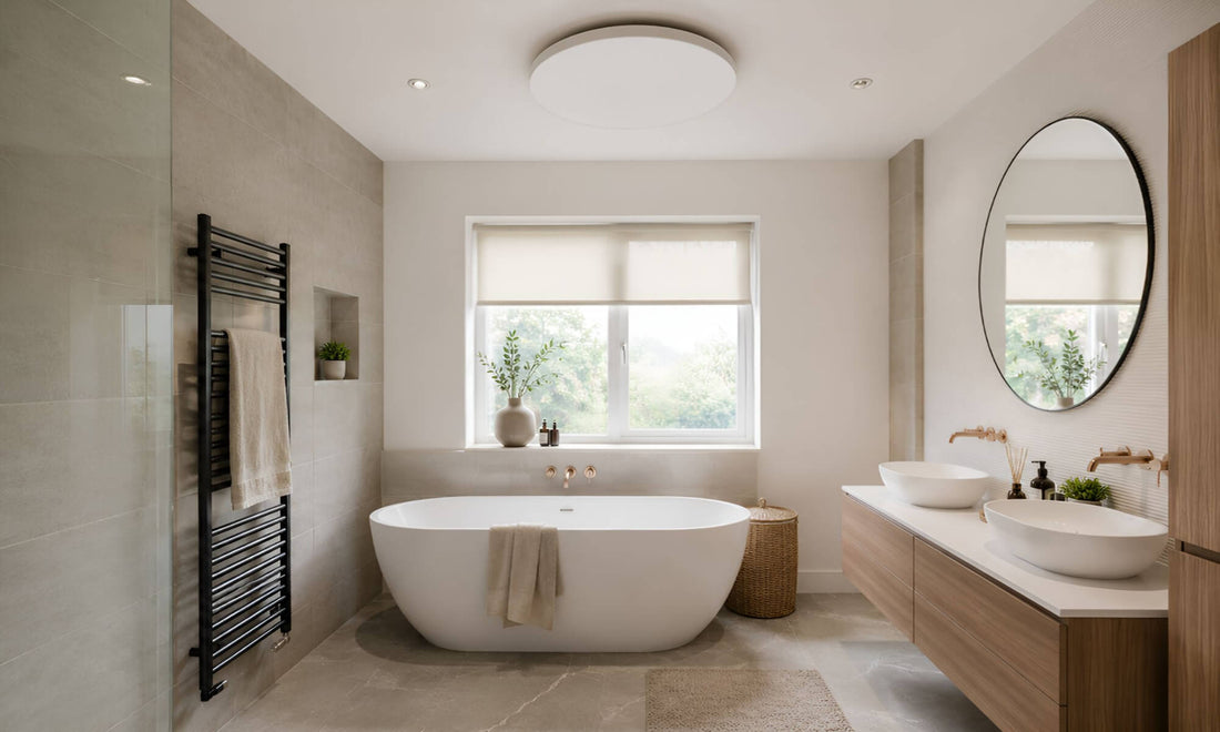 Moderne badkamer met vrijstaand bad, houten badkamermeubel en rond wit infraroodpaneel aan het plafond.
