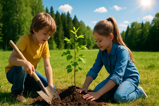Twee kinderen planten samen een boompje op een zonnige dag in de buurt van een bos.