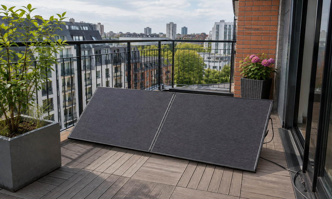 Twee plug & play zonnepanelen op de vloer van een balkon bij een appartement.