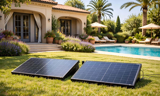 twee zonnepanelen op gras in een tuin bij een woning met zwembad