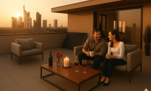man en vrouw zitten op terras bij zonsondergang met zonnepaneel op de achtergrond