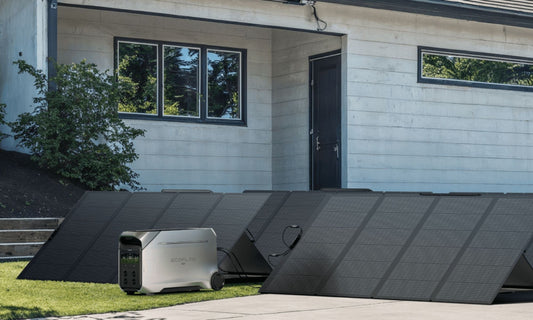 zonnepanelen op de grond bij woning met power station ernaast