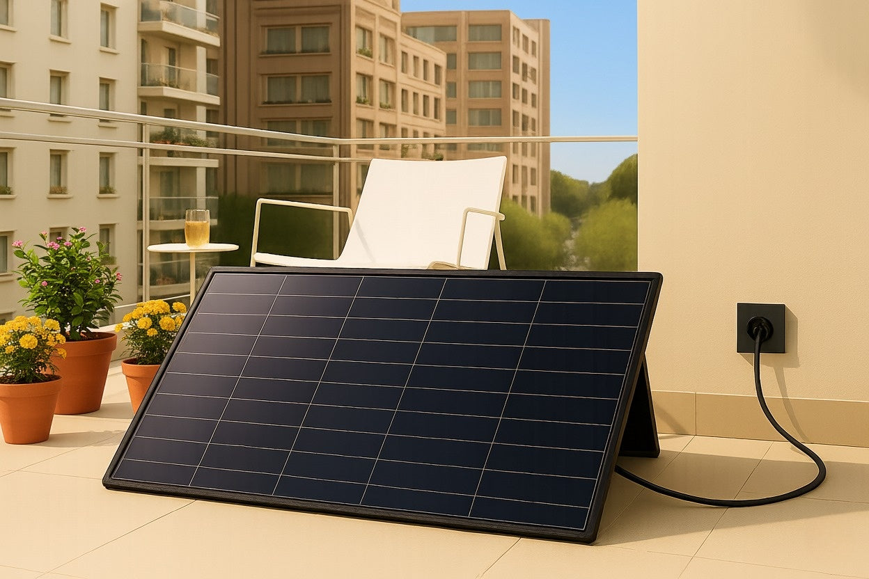 Zonnepaneel met stekker van GreenFlow Energy – duurzame plug and play zonne-energie-zwart