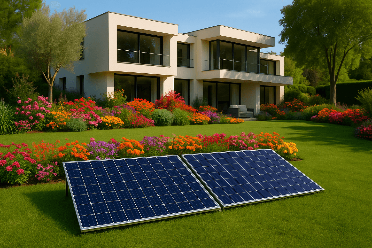 Plug and play zonnepanelen van GreenFlow-Energy in moderne tuin – eigen energieproductie thuis-zwart