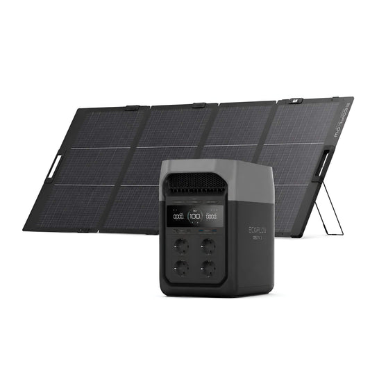 EcoFlow DELTA 3 power station met draagbaar 220W zonnepaneel en plus-teken op witte achtergrond als bundelweergave