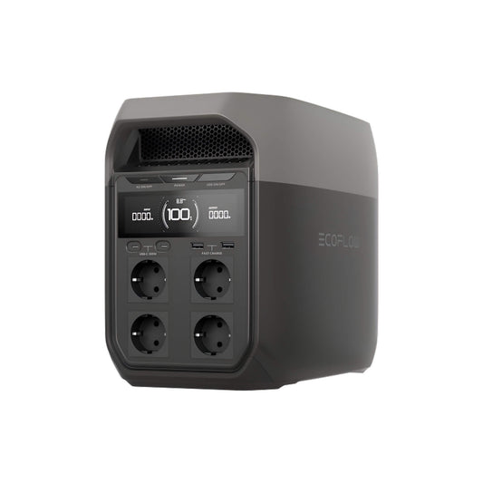 Schuin vooraanzicht van EcoFlow Delta 3 power station met stopcontacten en display