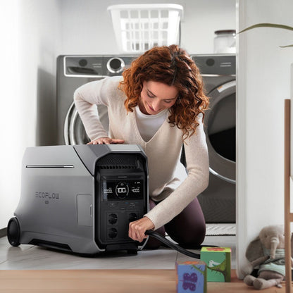 EcoFlow DELTA Pro 3 draagbare batterij in gebruik in woning, aangesloten op wasmachine