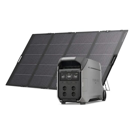 EcoFlow DELTA Pro 3 power station met draagbaar 400W zonnepaneel op witte achtergrond