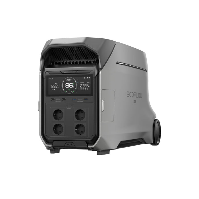 zilvergrijze EcoFlow DELTA Pro 3 draagbare batterij met display en stopcontacten, schuin vooraanzicht op witte achtergrond