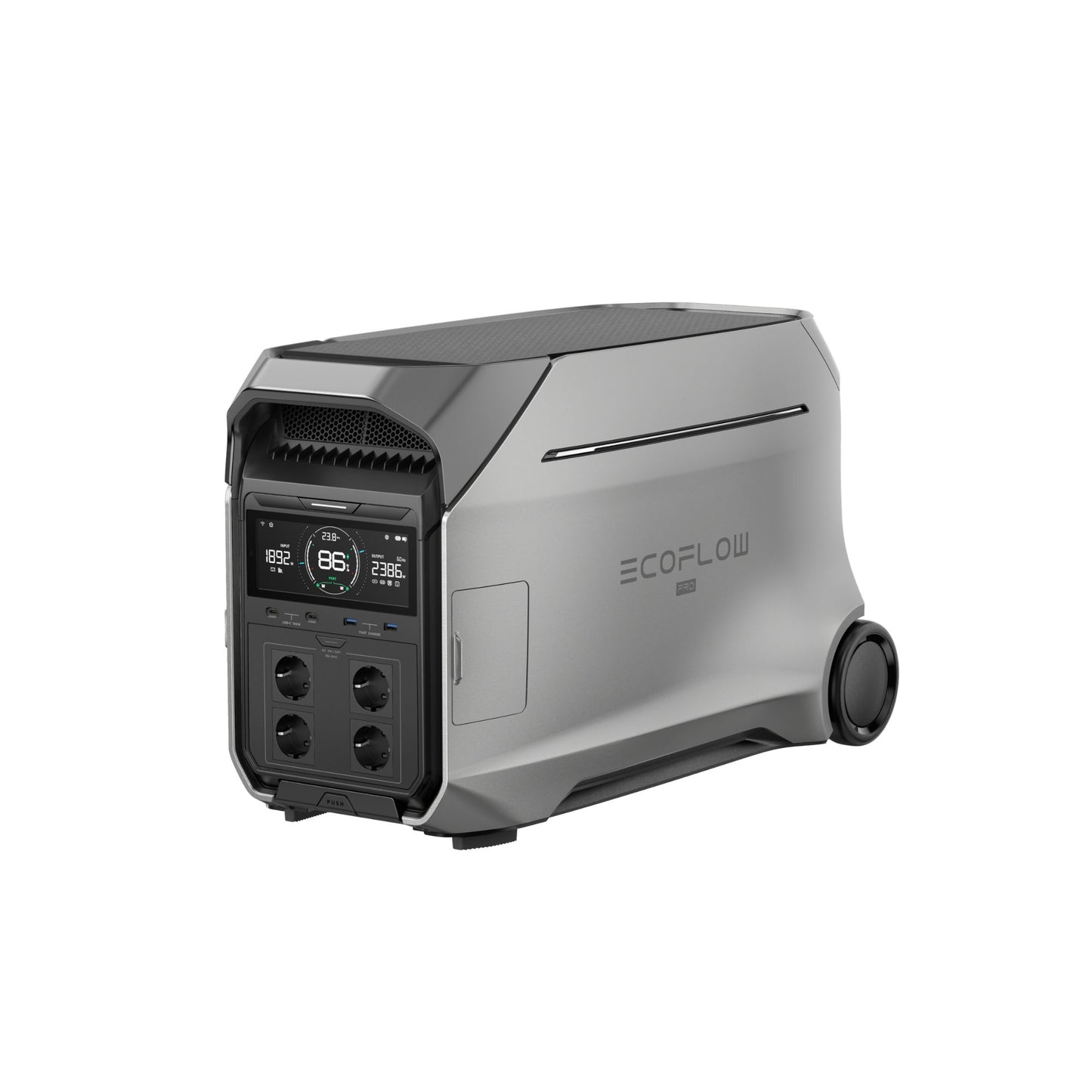 zilvergrijze EcoFlow DELTA Pro 3 draagbare batterij met display en aansluitingen, schuin vooraanzicht op witte achtergrond