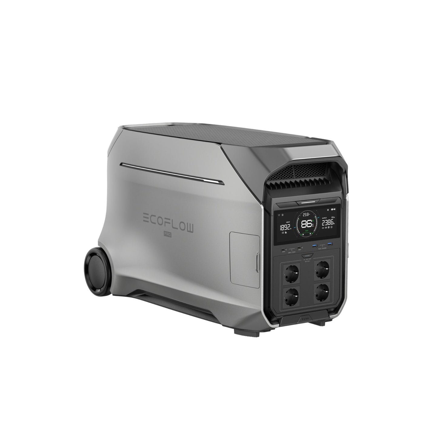 zilvergrijze EcoFlow DELTA Pro 3 draagbare batterij met display en aansluitingen, schuin vooraanzicht op witte achtergrond