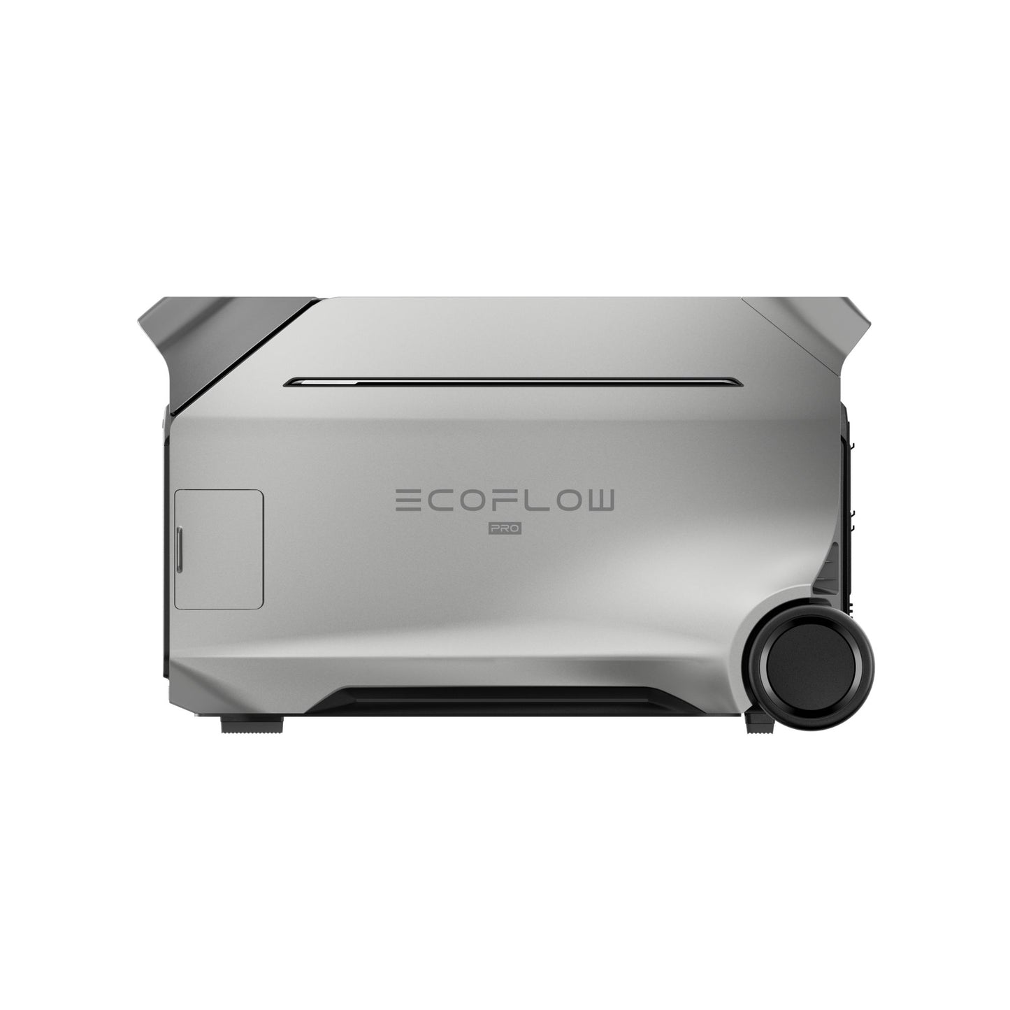zilvergrijze EcoFlow DELTA Pro 3 draagbare batterij met wielen, zijaanzicht op witte achtergrond