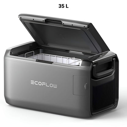 EcoFlow GLACIER Classic draagbare koelbox 35 liter met geopend deksel en zichtbaar koelcompartiment, schuin vooraanzicht op witte achtergrond