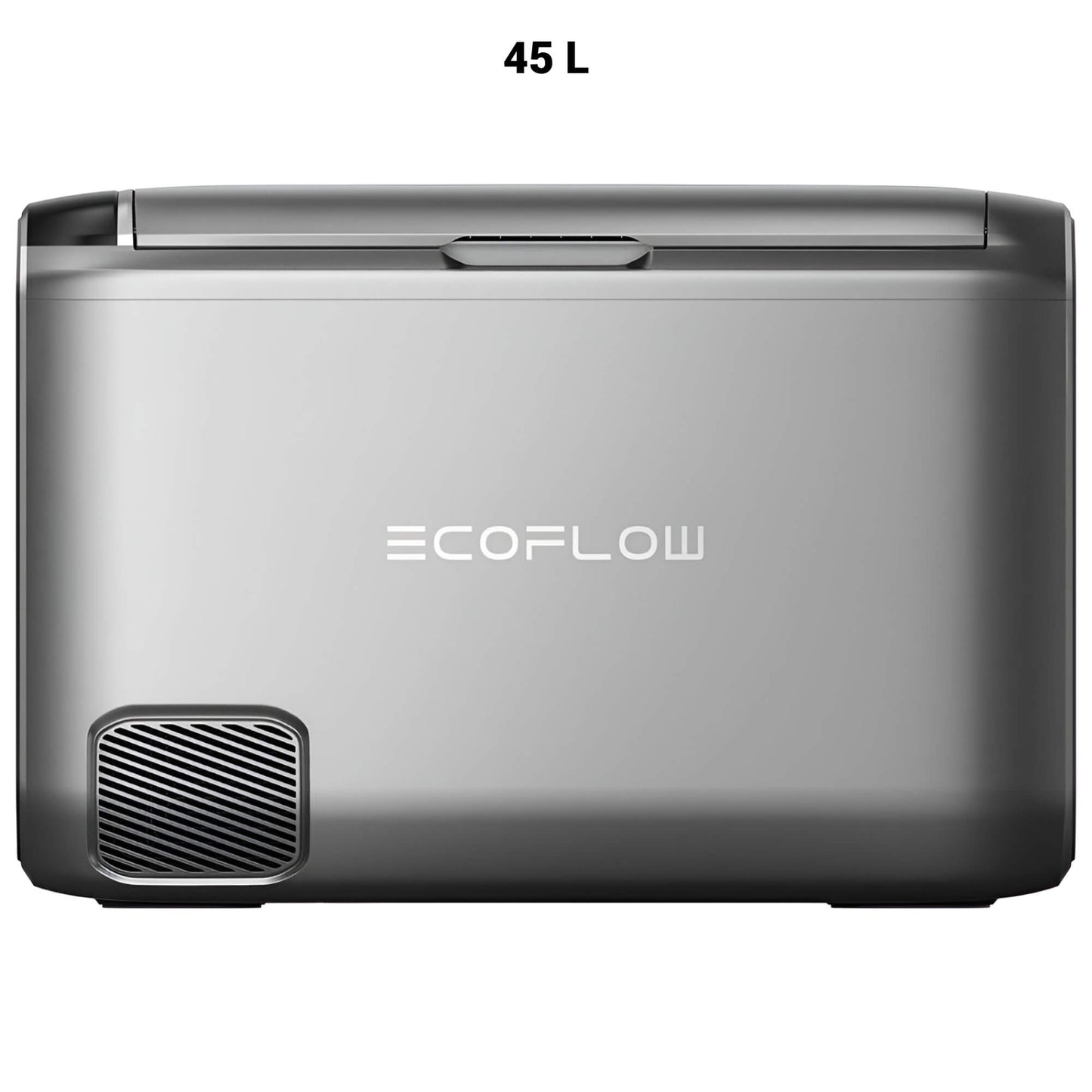 EcoFlow GLACIER Classic draagbare koelbox 45 liter in zilverkleurig ontwerp met ventilatierooster aan de achterkant, op witte achtergrond