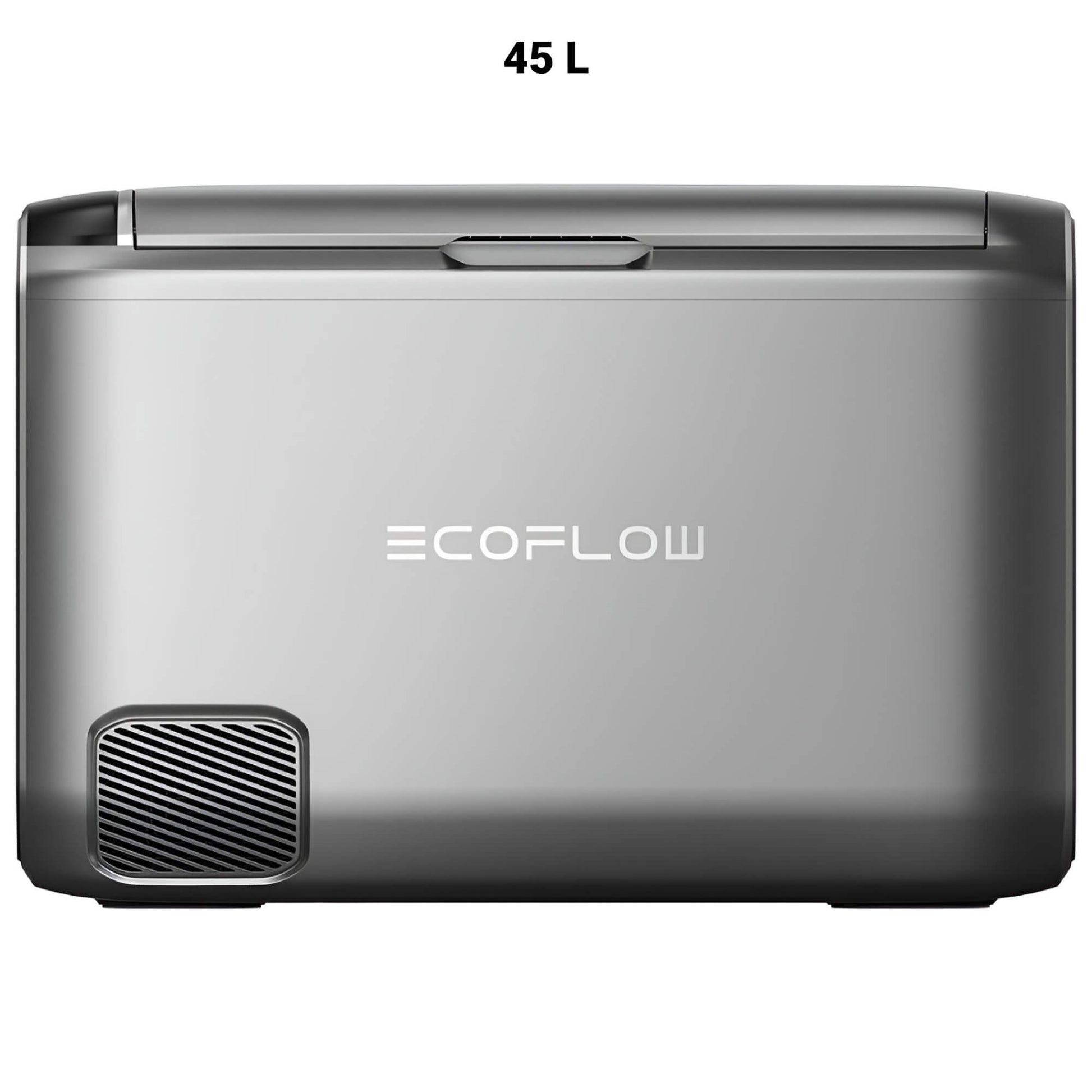 EcoFlow GLACIER Classic draagbare koelbox 45 liter in zilverkleurig ontwerp met ventilatierooster aan de achterkant, op witte achtergrond
