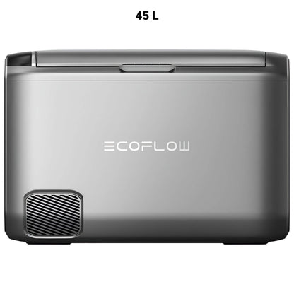 EcoFlow GLACIER Classic draagbare koelbox 45 liter in zilverkleurig ontwerp met ventilatierooster aan de achterkant, op witte achtergrond