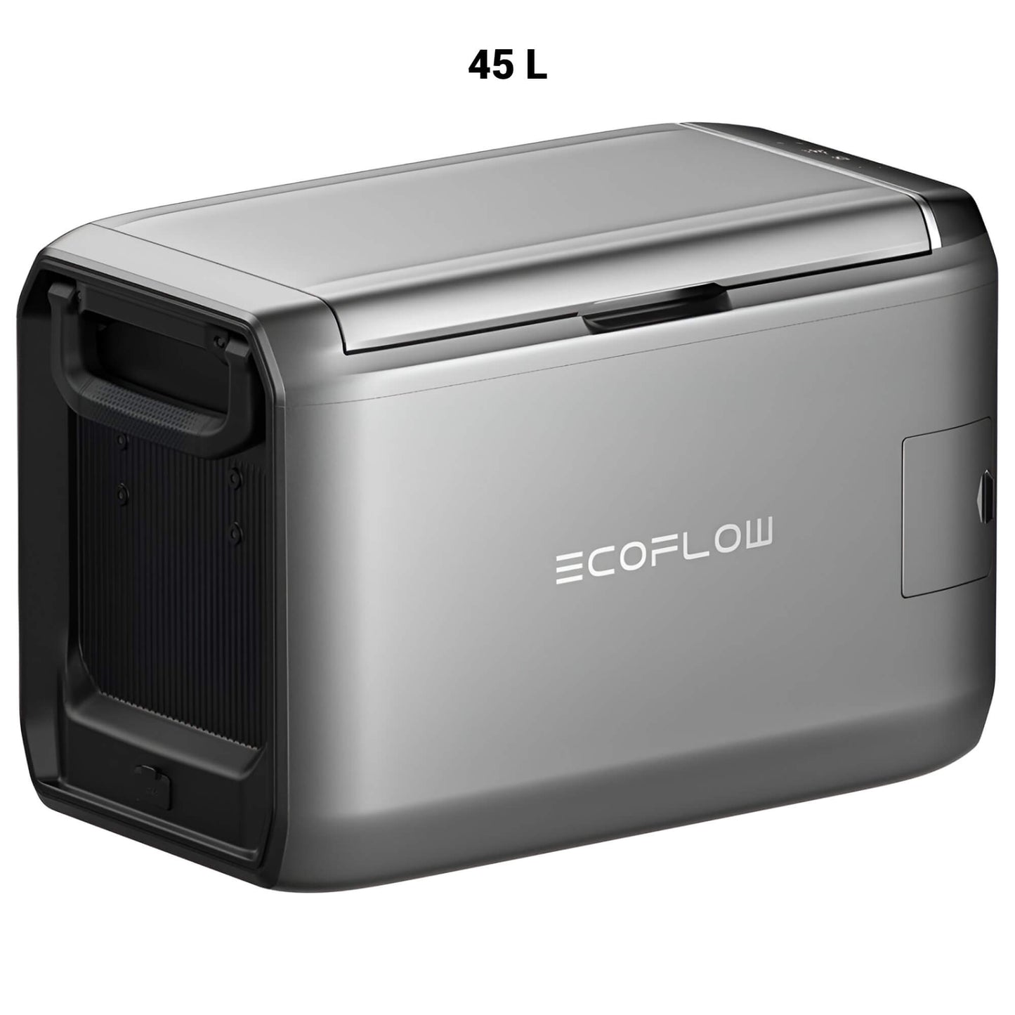 EcoFlow GLACIER Classic draagbare koelbox 45 liter in zilverkleurig ontwerp, schuin vooraanzicht op witte achtergrond
