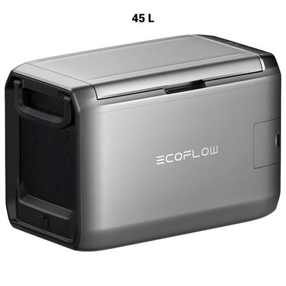 EcoFlow GLACIER Classic draagbare koelbox 45 liter in zilverkleurig ontwerp, schuin vooraanzicht op witte achtergrond