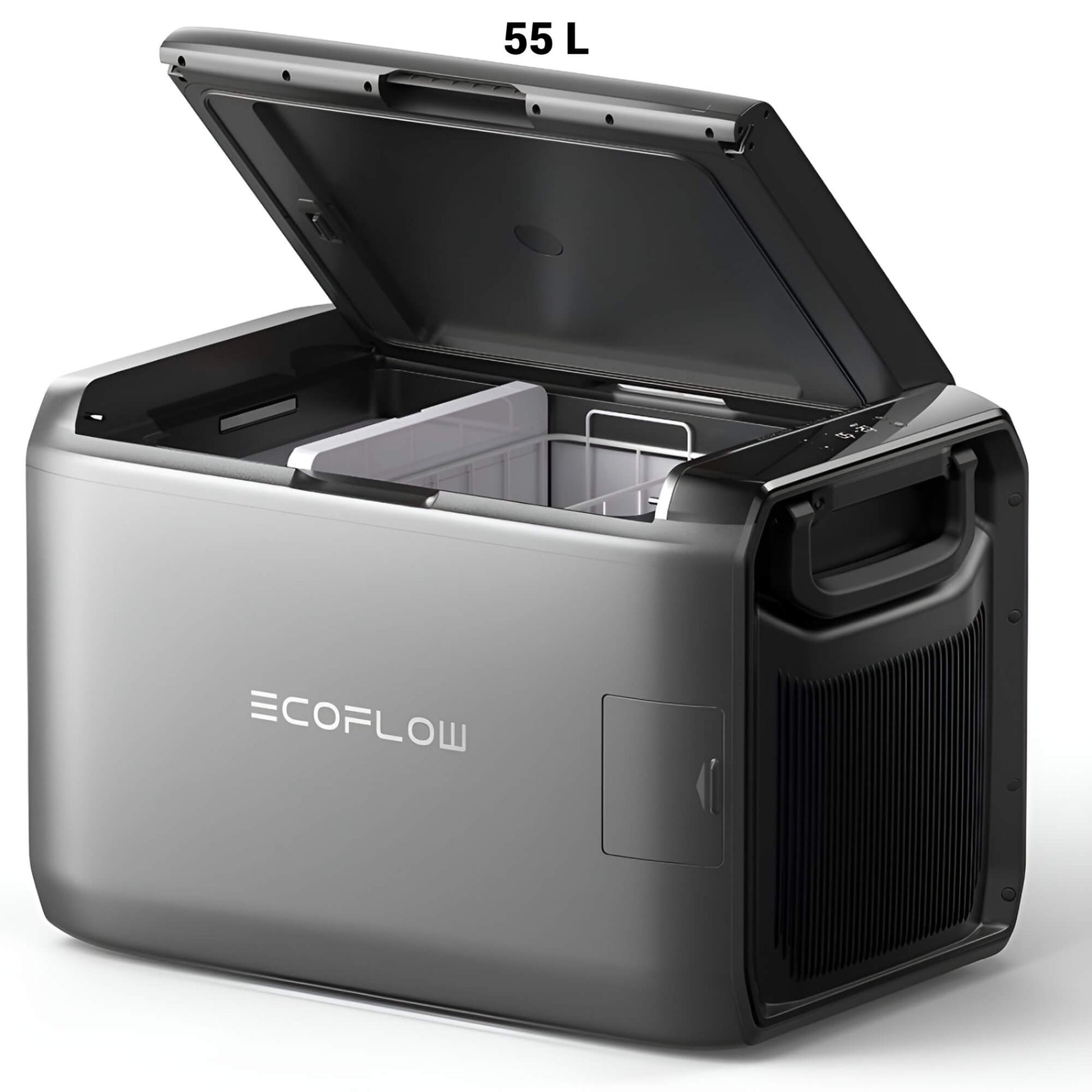 EcoFlow GLACIER Classic draagbare koelbox 55 liter met geopend deksel en zichtbaar koelcompartiment, schuin vooraanzicht op witte achtergrond