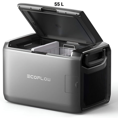 EcoFlow GLACIER Classic draagbare koelbox 55 liter met geopend deksel en zichtbaar koelcompartiment, schuin vooraanzicht op witte achtergrond