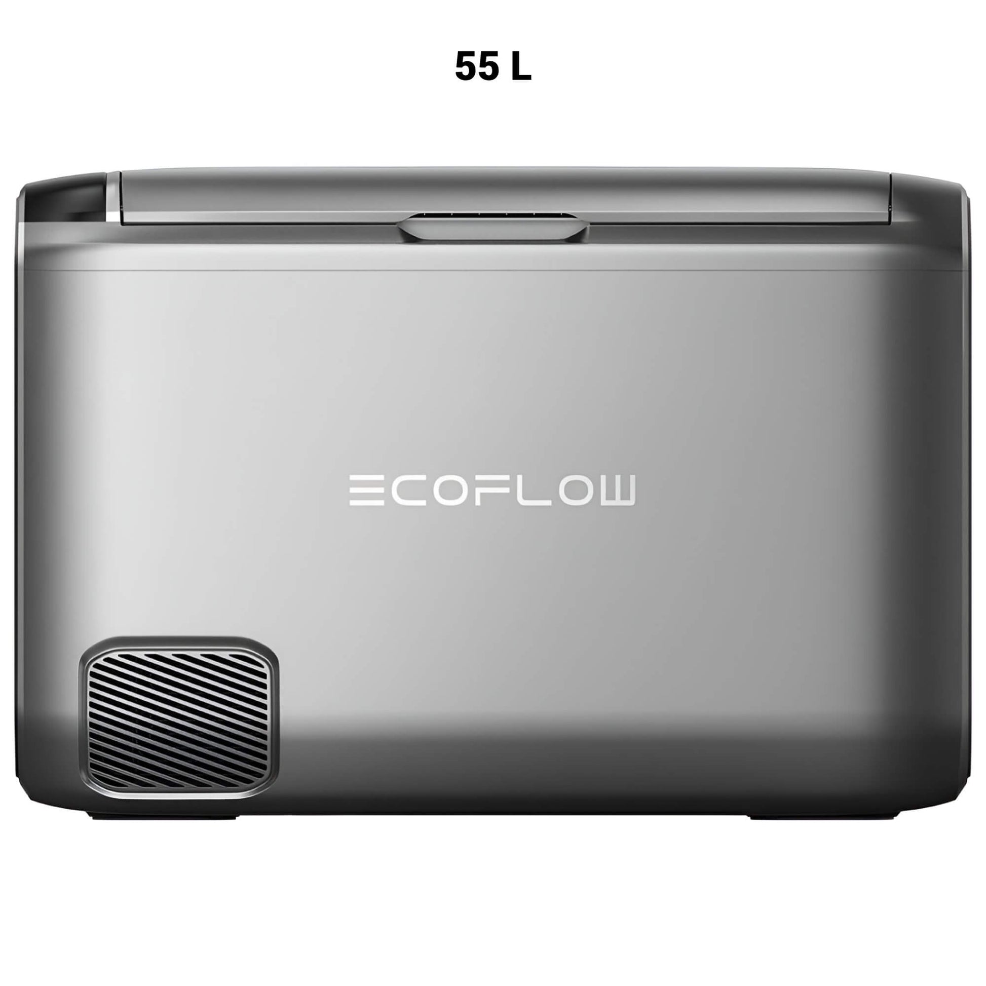 EcoFlow GLACIER Classic draagbare koelbox 55 liter in zilverkleurig ontwerp met ventilatierooster aan de achterkant, op witte achtergrond