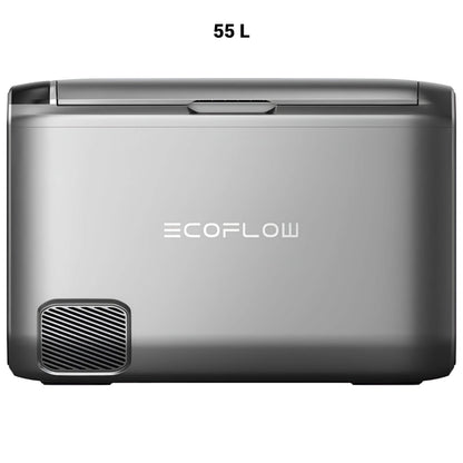 EcoFlow GLACIER Classic draagbare koelbox 55 liter in zilverkleurig ontwerp met ventilatierooster aan de achterkant, op witte achtergrond