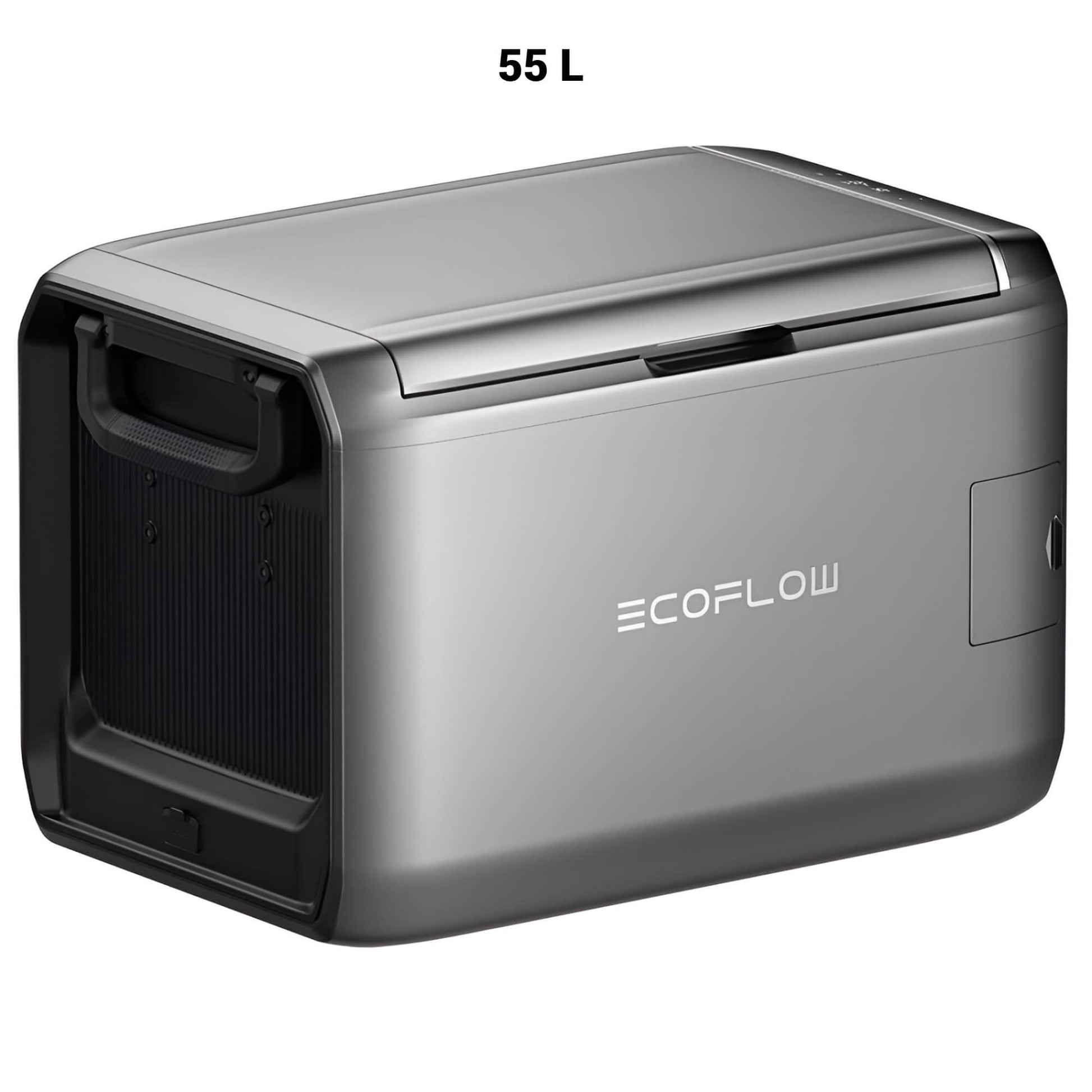 EcoFlow GLACIER Classic draagbare koelbox 55 liter in zilverkleurig ontwerp, schuin vooraanzicht op witte achtergrond