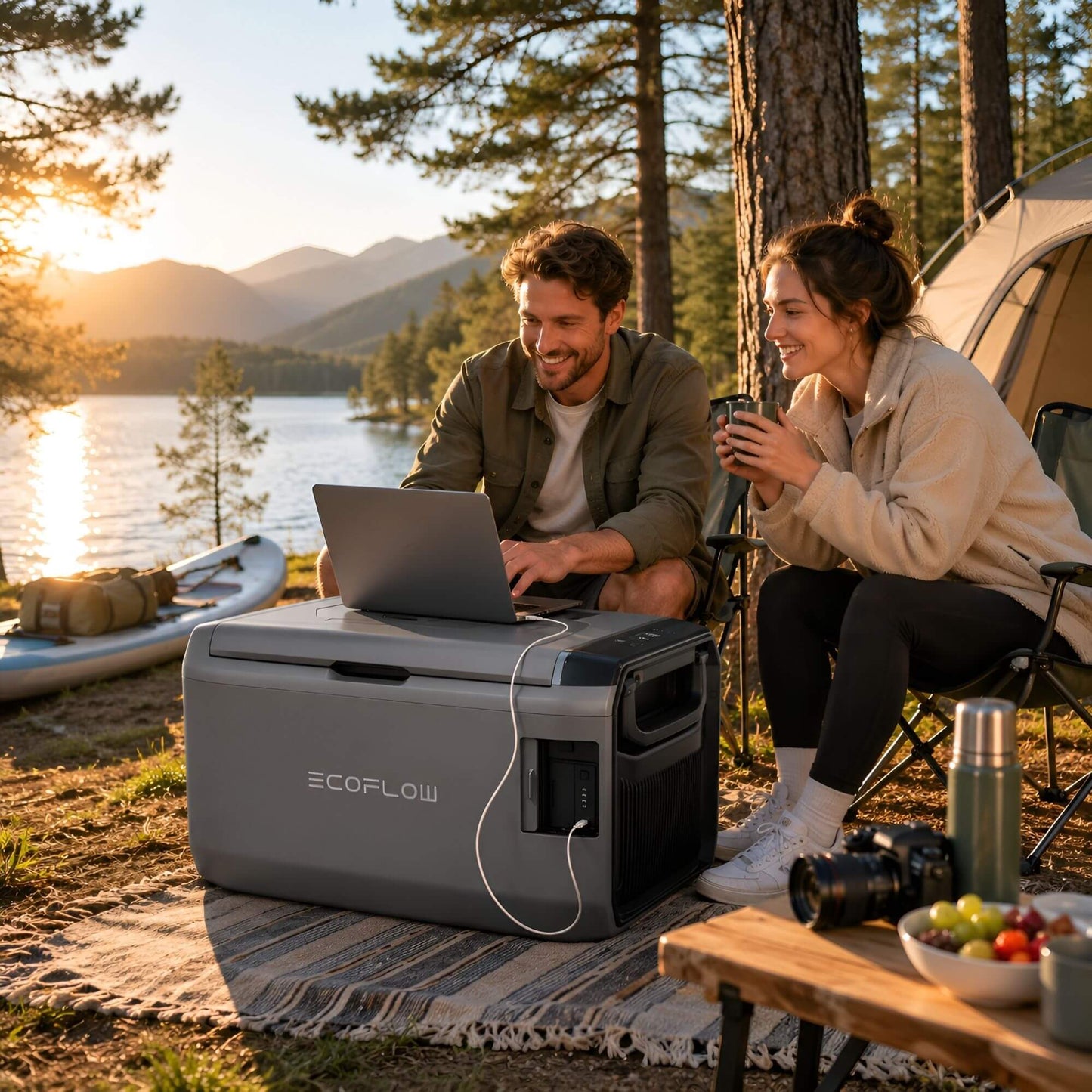 Een man en vrouw bij een tent aan een meer die een laptop opladen via de ingebouwde powerbank-functie van de EcoFlow Glacier koelbox.