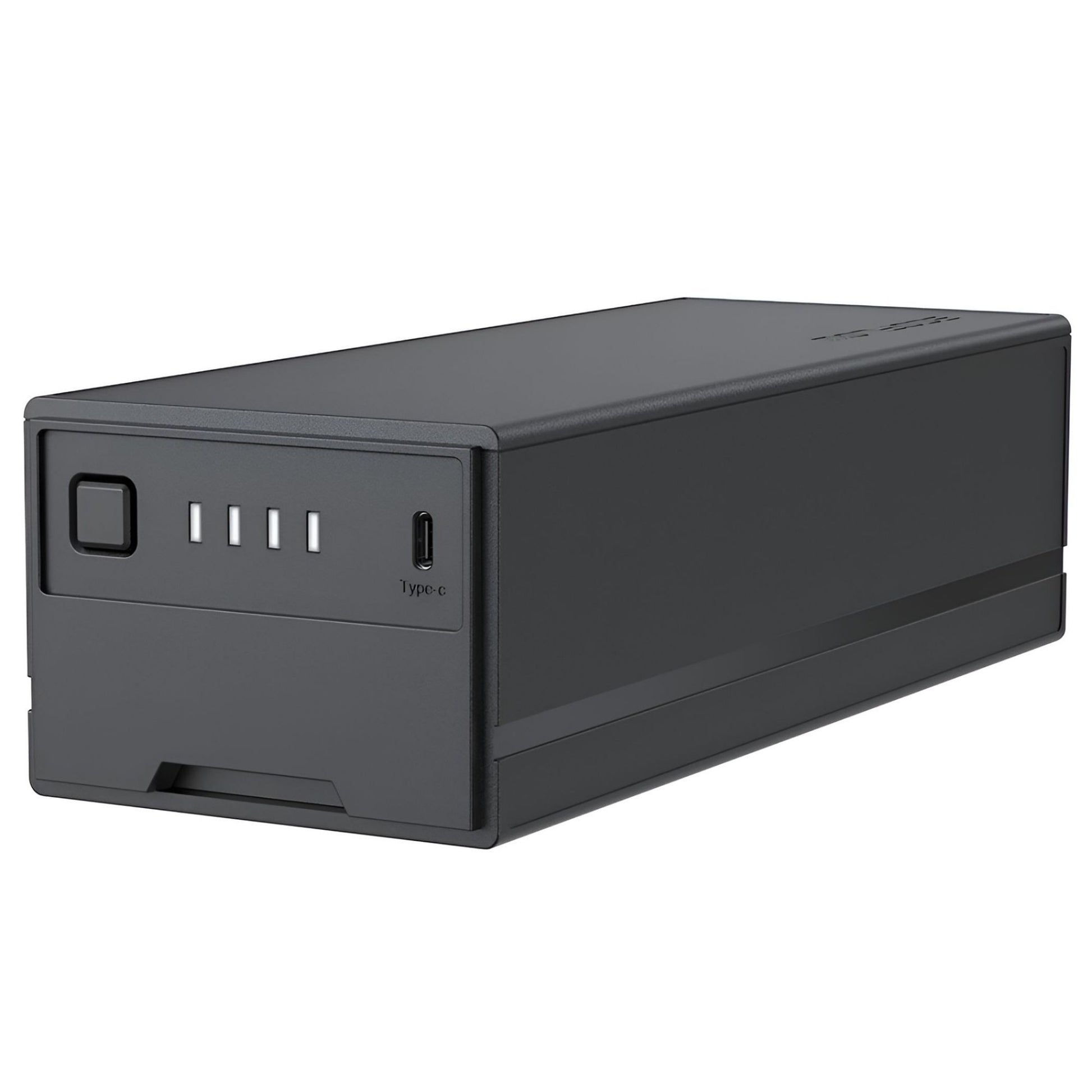 Schuin vooraanzicht van de EcoFlow GLACIER plug-in accu met batterij-indicator en USB-C aansluiting op witte achtergrond
