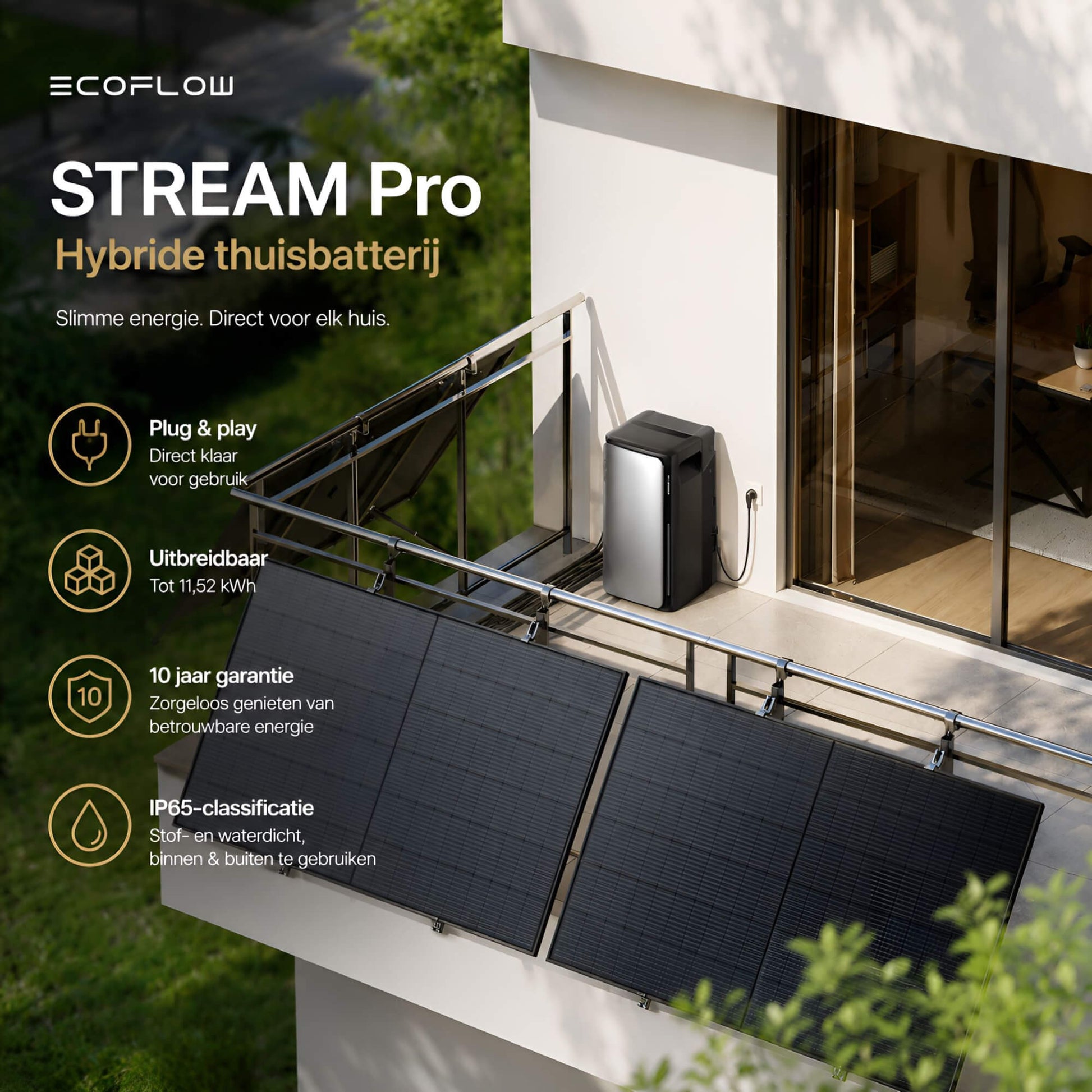 EcoFlow STREAM Pro hybride thuisbatterij op balkon met zonnepanelen en overzicht van plug-and-play functies en energieopslag