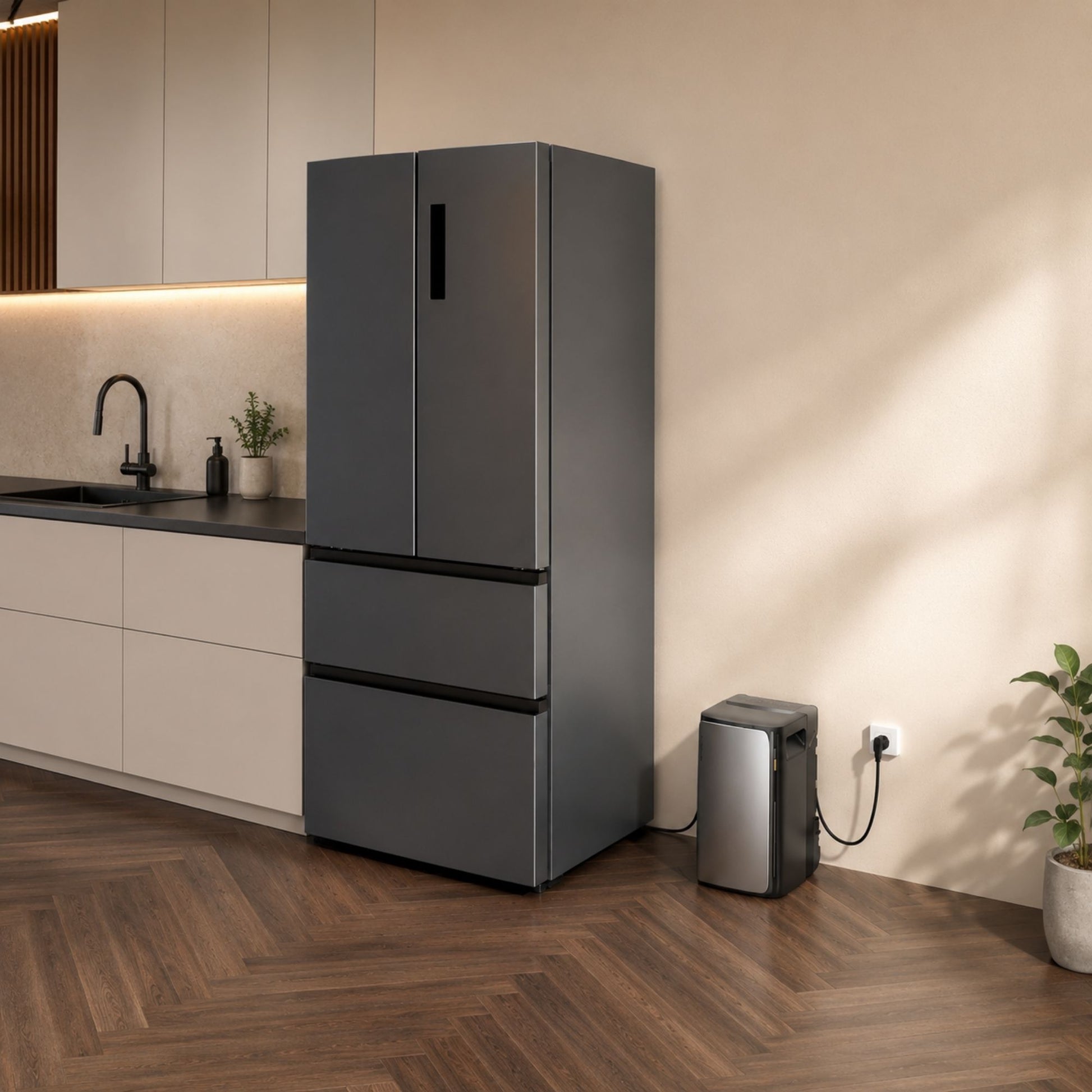 EcoFlow STREAM Ultra thuisbatterij naast een koelkast in een keuken