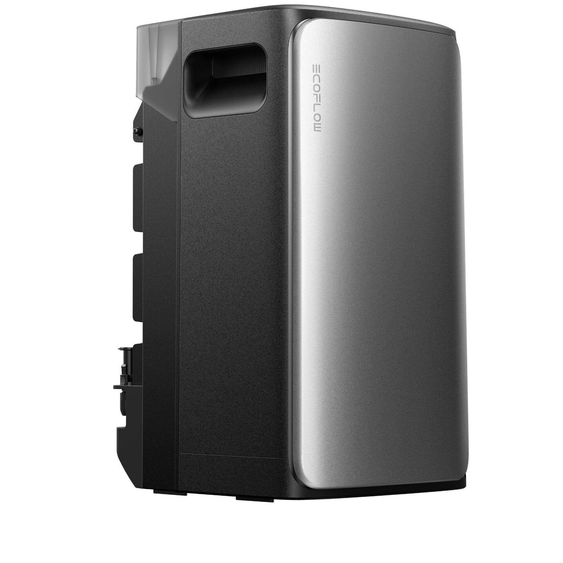 Schuin-vooraanzicht van de EcoFlow STREAM Ultra hybride thuisbatterij op witte achtergrond