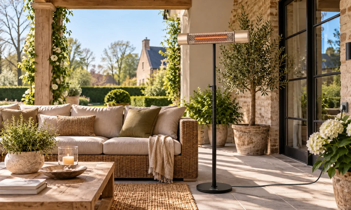 Gouden Herschel CALIFORNIA 2000 W infrarood terrasverwarmer bij een zithoek op een veranda overdag