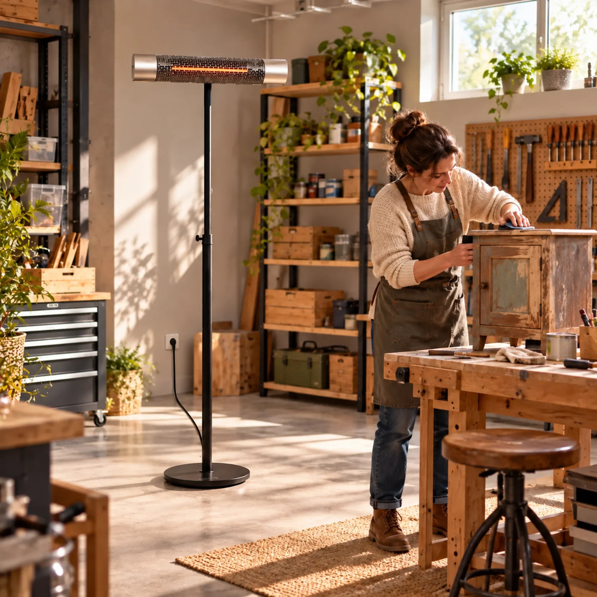 Zilveren Herschel CALIFORNIA 2000 W infrarood terrasverwarmer in een kelderwerkplaats