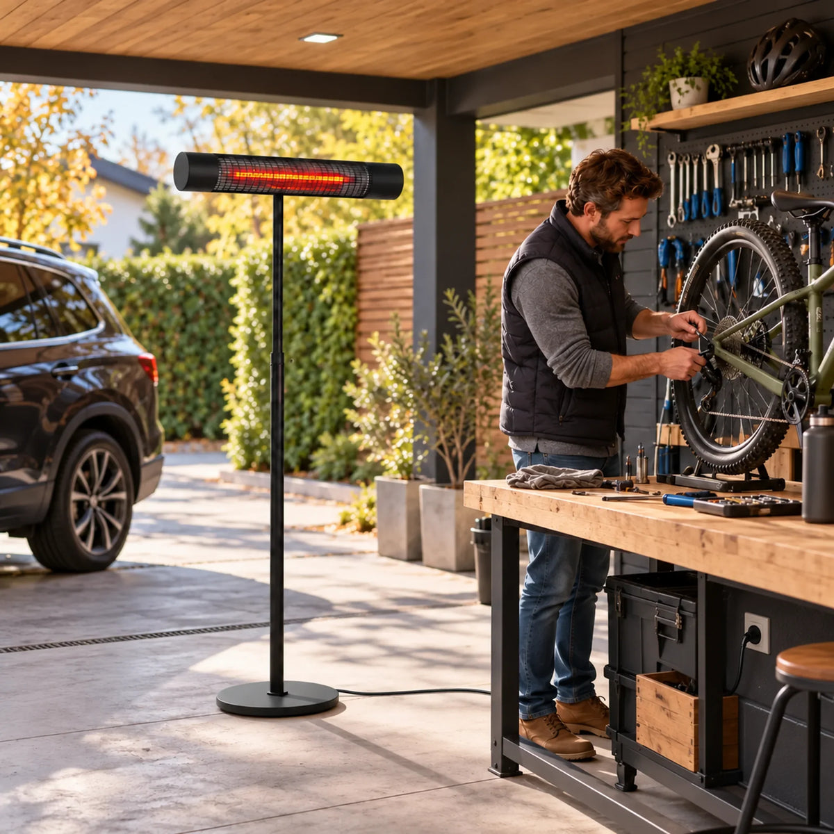 Zwarte Herschel CALIFORNIA 2000 W infrarood terrasverwarmer in een carport met fietsreparatie
