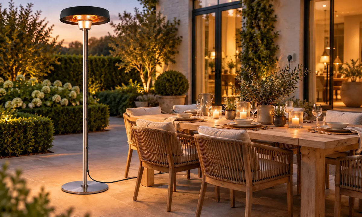 Herschel FLORIDA 2000 W zwarte infrarood terrasverwarmer naast een gedekte eettafel op een tuin terras