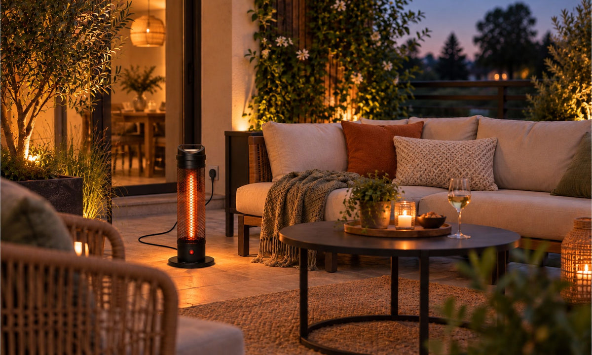 Zwarte Herschel HAVANA 800 W terrasverwarmer bij een loungeset op het terras