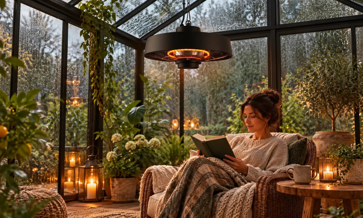 Zwarte Herschel HAWAII 2000 W hangende infrarood terrasverwarmer in een serre op een regendag