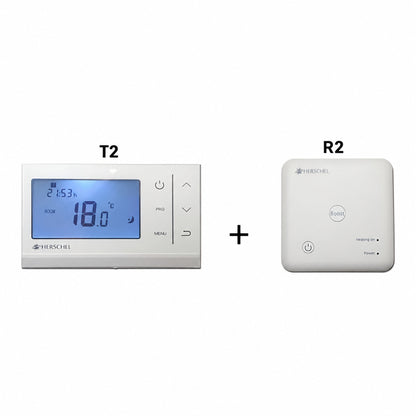 Witte Herschel iQ T2 thermostaat met R2-ontvanger op witte achtergrond