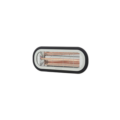 Detail van de zwarte Herschel MIAMI 2000 W infrarood terrasverwarmer met lamp en reflector