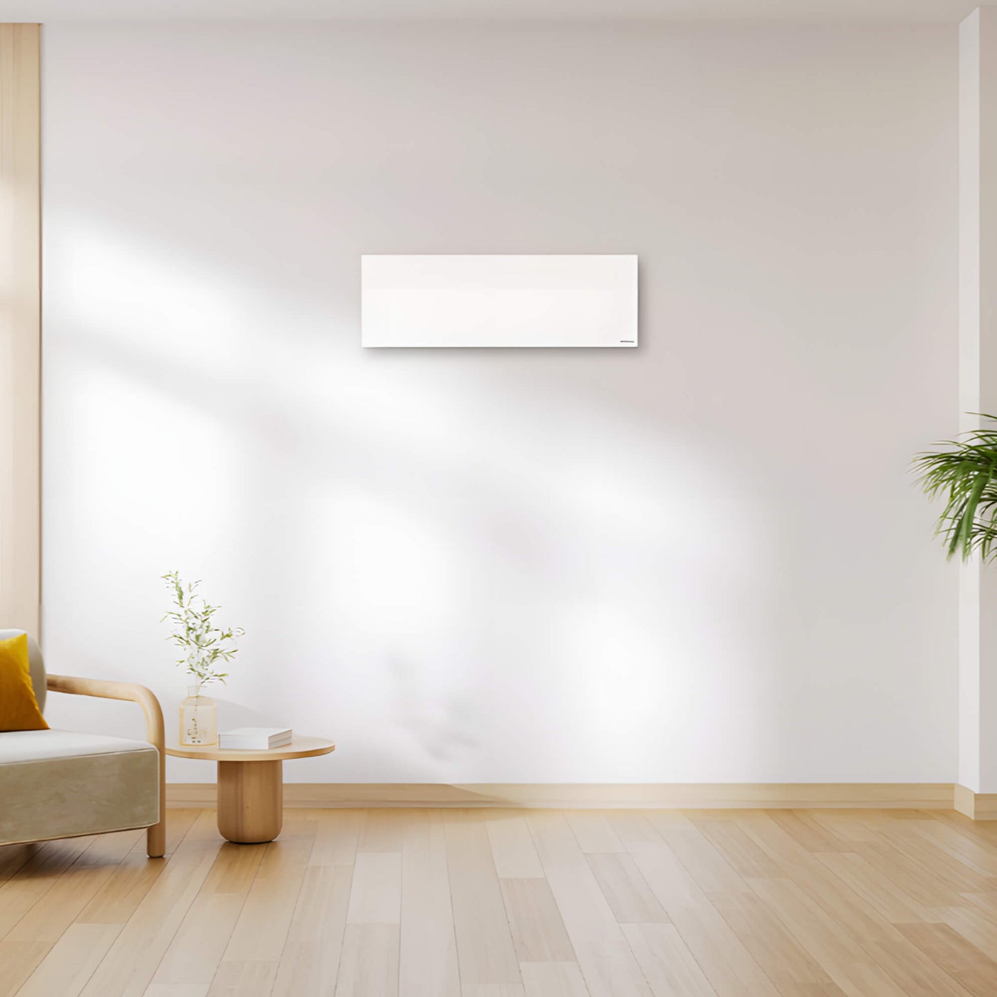 Herschel Select XLS wit infraroodpaneel 275 watt in formaat 30 bij 90 centimeter in beige woonkomer tegen een muur