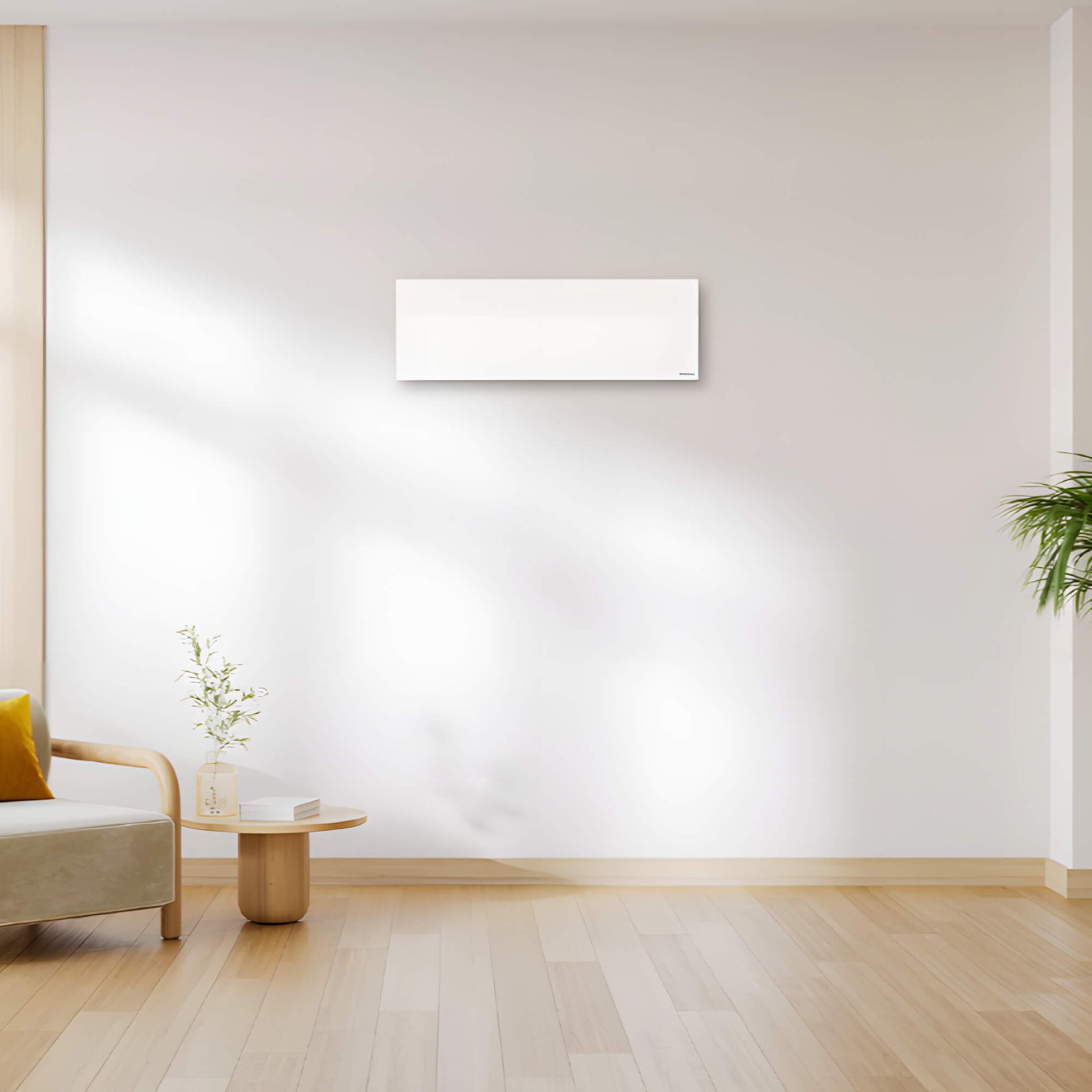 Herschel Select XLS wit infraroodpaneel 275 watt in formaat 30 bij 90 centimeter in beige woonkomer tegen een muur