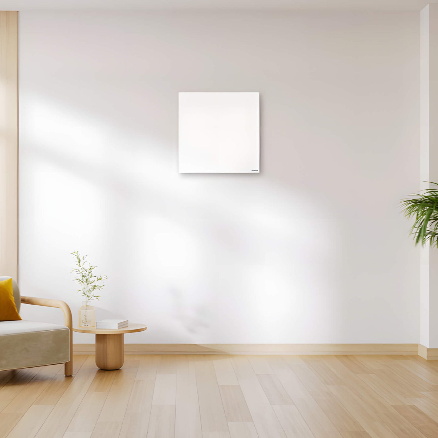 Herschel Select XLS wit infraroodpaneel 350 watt in vierkant formaat van 60 bij 60 centimeter in beige woonkamer tegen een muur