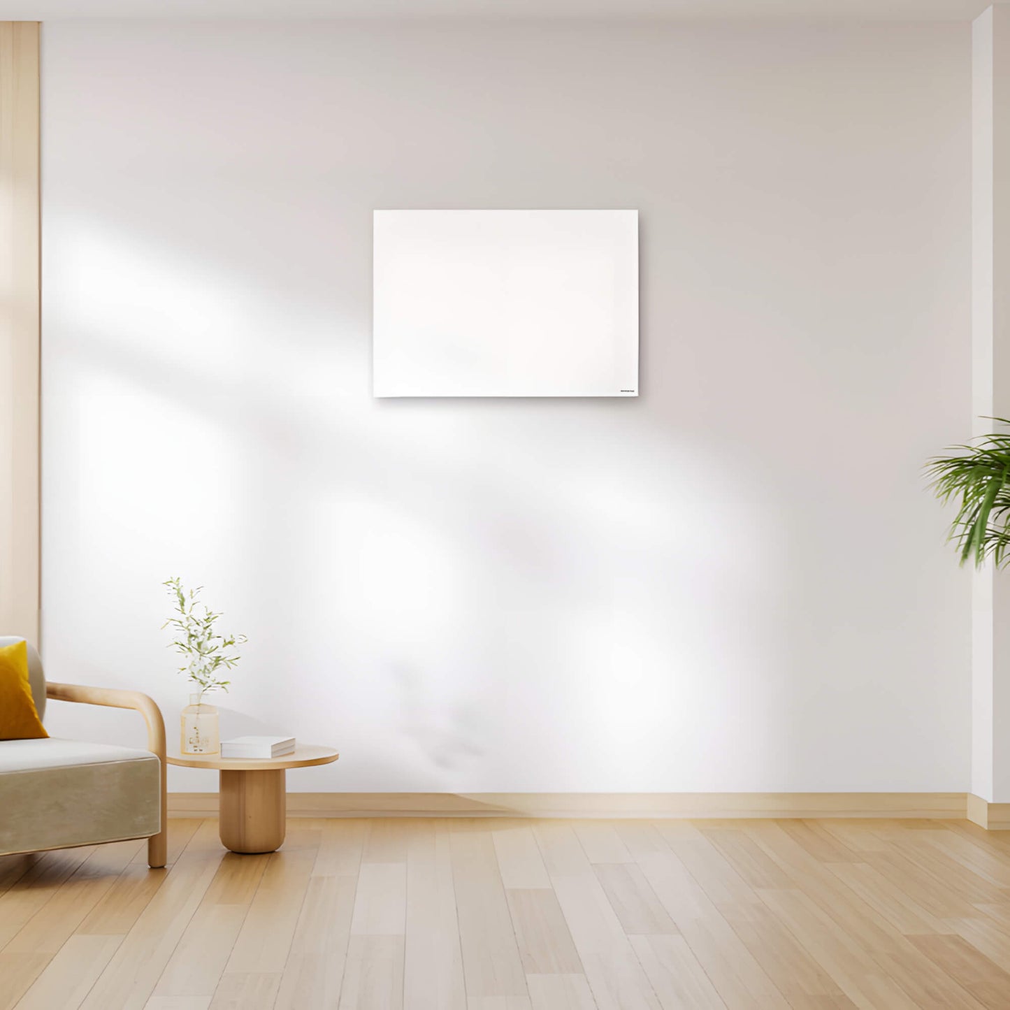 Herschel Select XLS wit infraroodpaneel 550 watt in formaat 60 bij 85 centimeter in beige woonkamer tegen een muur