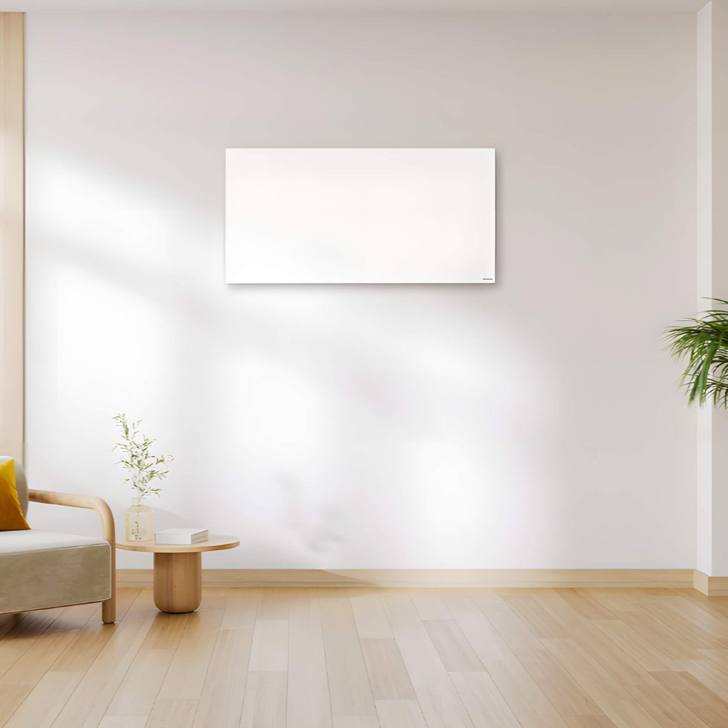 Herschel Select XLS wit infraroodpaneel 750 watt in liggend formaat van 60 bij 120 centimeter in een beige interieur, tegen een muur