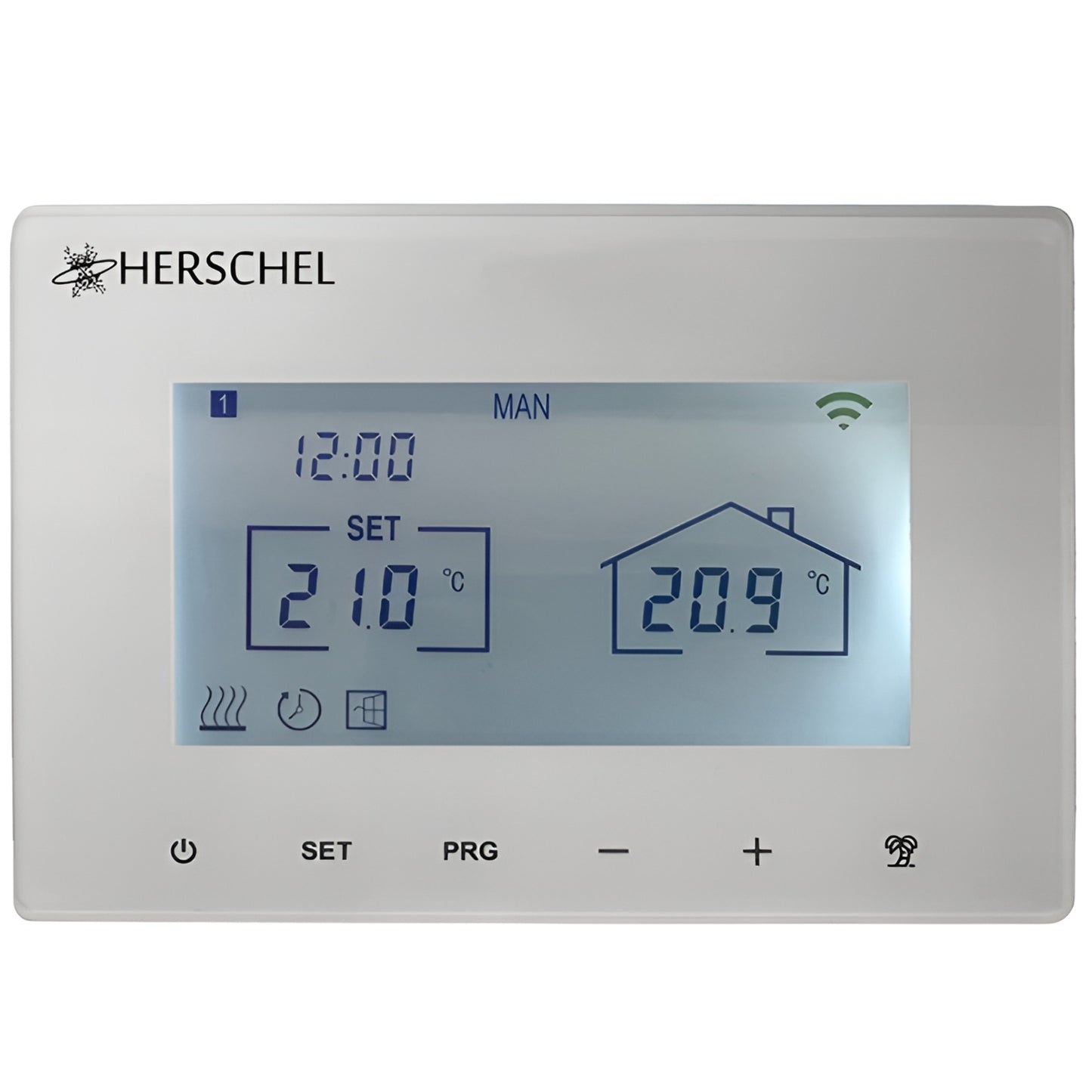 Witte Herschel T-MT thermostaat met verlicht display, frontaal weergegeven tegen een witte achtergrond met zichtbaar wifi-icoon