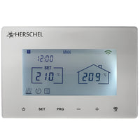 Witte Herschel T-MT thermostaat met verlicht display, frontaal weergegeven tegen een witte achtergrond met zichtbaar wifi-icoon