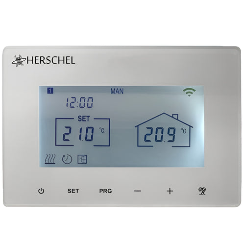 Witte Herschel T-MT thermostaat met verlicht display, frontaal weergegeven tegen een witte achtergrond met zichtbaar wifi-icoon