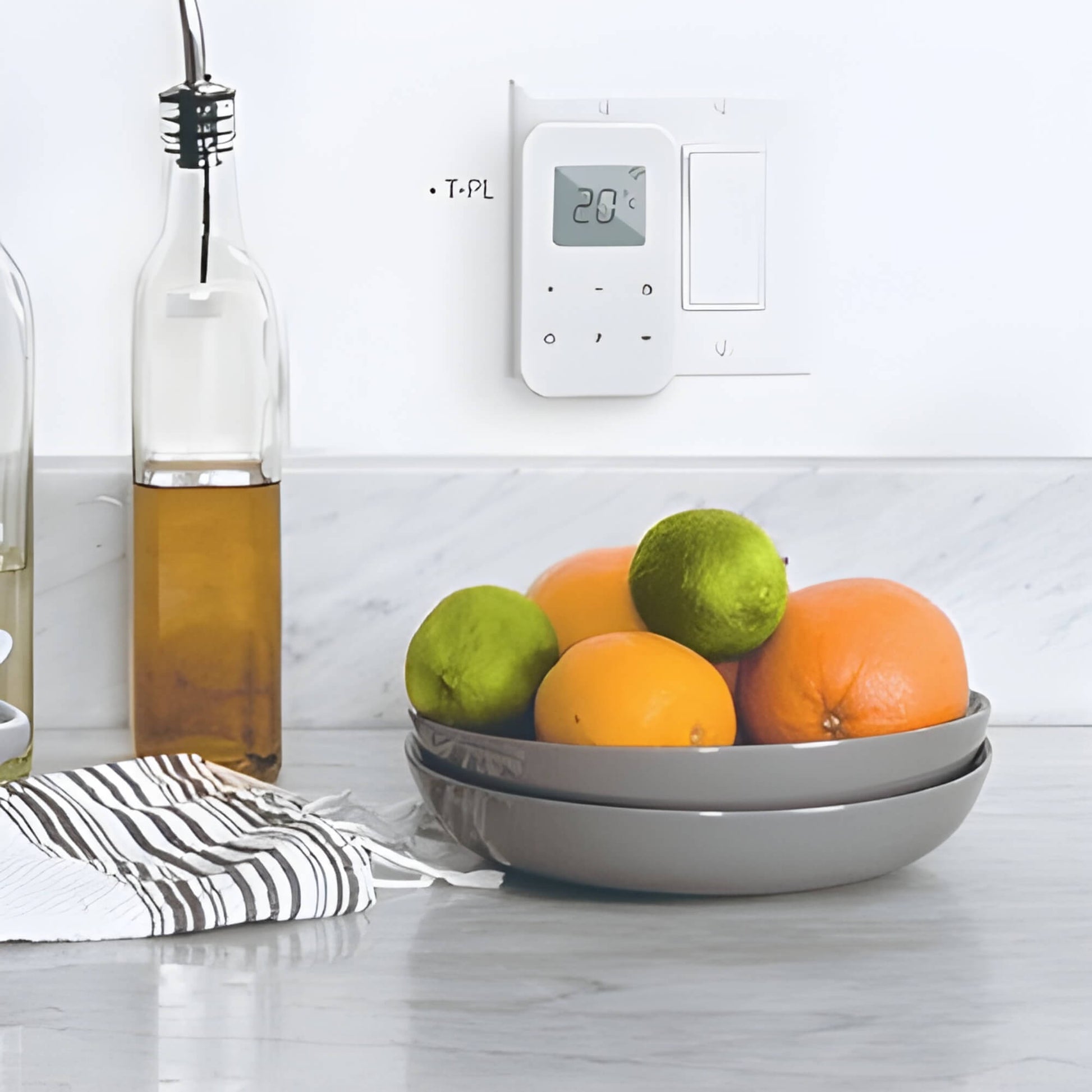 Witte Herschel T-PL plug-in wifi thermostaat in moderne keukenomgeving